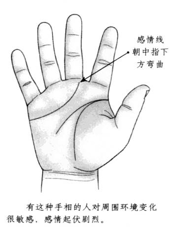 感情线弧度太大,并且朝向中指下方弯曲