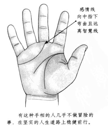 感情线朝向中指下方弯曲,且远离智慧线
